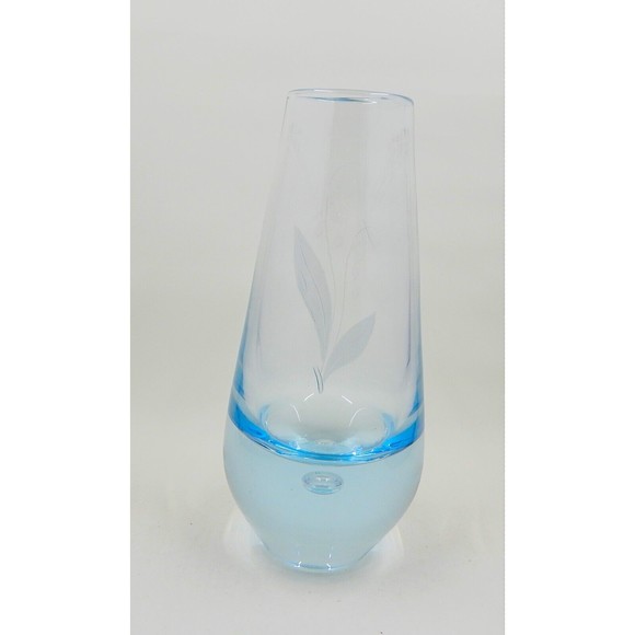Randsfjord Handblown Glass Etched Bluebell Crystal Vase Controlled Bubble Base - Picture 3 of 12